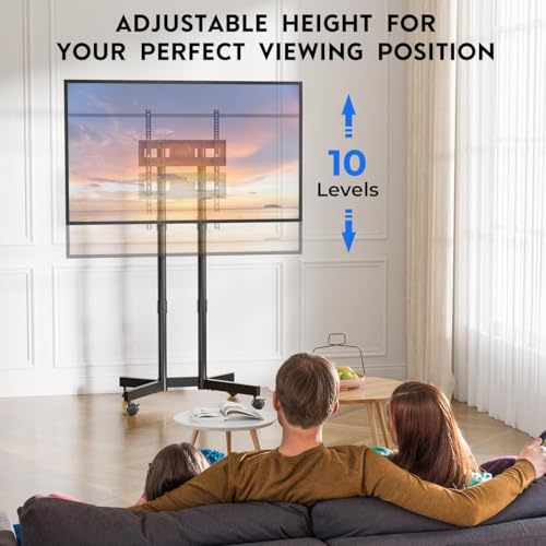 BONTEC Rolling TV Stand for 32-70 Inch TVs, Height Adjustable Mobile TV Cart on Wheels, Heavy Duty TV Stand Supports Up to 110lbs, Stable Dual-Column Design, Cable Management, Indoor, Outdoor