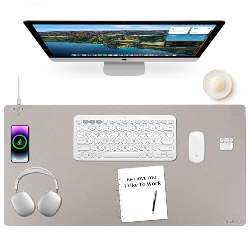 Wireless Charging Mouse Pad Firelison 2 in 1 Leather Multifunctional Office Desk Pad with Non-Slip Rubber Base, Waterproof Desk pad for Computers/Office/Work/Home/Decor£¨ 32" x 16"Grey - L£©