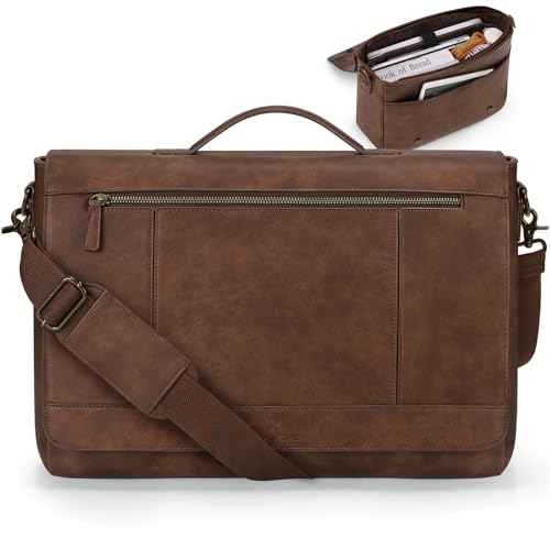 RAINSMORE Leather Messenger Bag for Men 15.6 Inch Laptop Bag Vintage Briefcase Large Computer Bag Satchel Shoulder Bag For College, Work, Business, Office, Brown