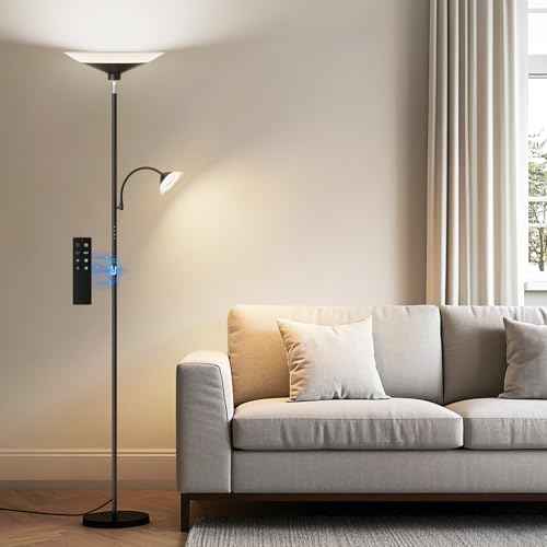 Upgraded 2-in-1 Torchiere Floor Lamp, Dimmable Standing Lamp with Remote&Touch Control, 34W Brightness Adjustable Floor Reading Light, Black Modern Corner Lamp for Living Room Bedroom Office