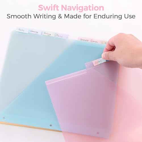 SKYDUE Pastel Binder Dividers with Tabs and Pockets - Soft Plastic Dividers for 3 Ring Binder, Includes 16 Blank Index Labels, for School & Office Organization, Pink