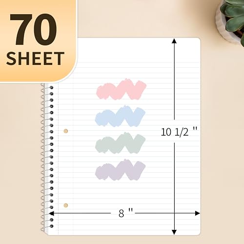 SUNEE Multicolor Spiral Notebooks 1-Subject Pastel Pack, 8x10.5in, 70 Sheets