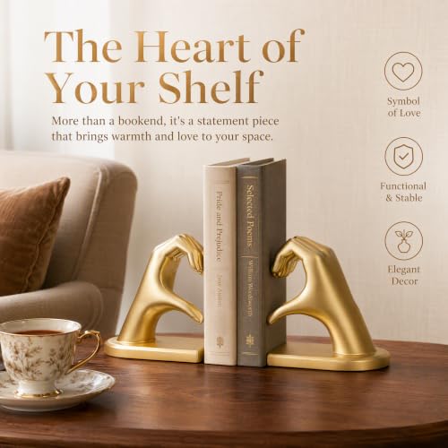 Gold Heart Hands Resin Bookend with Non-Slip Felt Base - Larger Size, Bookends for Living Room, Bedroom, Office | Xmeden Bookend-gold
