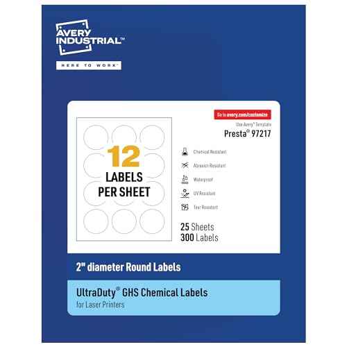 Avery UltraDuty GHS Labels, Waterproof, 2" White Round Labels, 300 Total, Use with Laser Printers