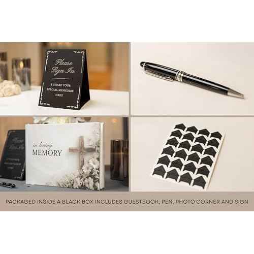 Cross Hardcover Funeral Guest Book - 9.5 x 7 Celebration of Life Guestbook for Memorial Service with 5x7 Paper Sign, Pen, Black Photo Corner Stickers