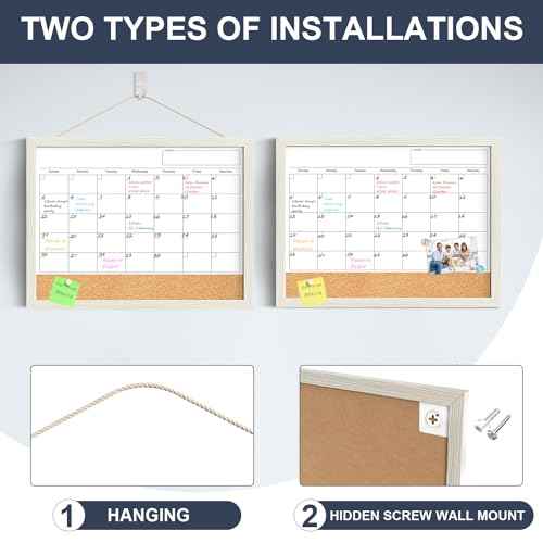 Calendar Whiteboard for Wall, TANKEE 17x13 Inches Whiteboard Calendar Cork Board Combo, Small Magnetic White Board with Wood Framed, Hanging Dry Erase Board for Kitchen Home Office School Planner