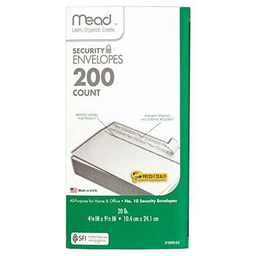 Mead #10 Security Business Envelopes Letter Size 4-1/8" x 9-1/2" ? Peel and Seal, Privacy Lined, No-Window, Press-It Seal-It Self-Adhesive for Home & Office Mailing, 200 Count (742020)