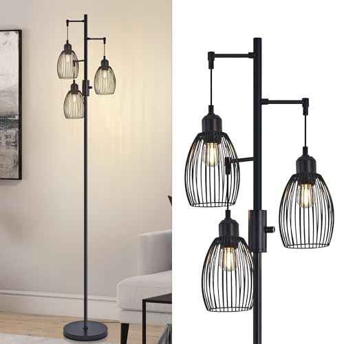 Dimmable Industrial Floor Lamps Black for Living Room with Heavy Base and 3 x 6w LED Bulbs Lamp, 68" Farmhouse Industrial Floor Lamp for Bedroom, Office, Home Decor