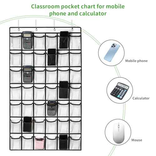 42 Clear Pockets Classroom Pocket Chart for Cell Phones and Calculator, Pocket Chart Organizer for Classroom Phone Storage Holder with 42 Number Sticker and Hooks (White)