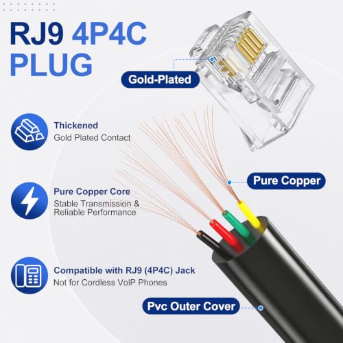 Uvital 4 Pack Black Telephone Handset Cords with Detanglers - Compatible with RJ9 Phones