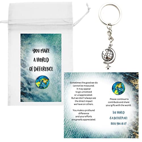Smiling Wisdom - 20 Bulk Gifts - You Make A World of Difference Appreciation Mini 3.5x2in Cards & Globe Gifts - Men Women Staff Employees Team - 60pcs - Silver Globe Keychains