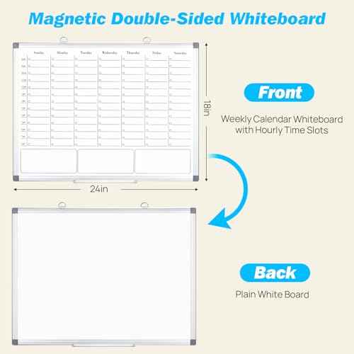 White Board Dry Erase Board for Wall, Magnetic Whiteboard Calendar 24" X 18", Weekly Calendar Whiteboard with Hourly Time Slots, Hanging Double-Sided White Board for Office,School,Home - 1 Pack