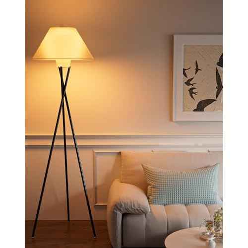 FAITHSAIL Black Tripod Floor Lamp, Dimmable Mid Century Standing Lamp with Fabric Shade, Modern Design Studying Light for Living Room, Bedroom, Study Room and Office(Bulb Included)