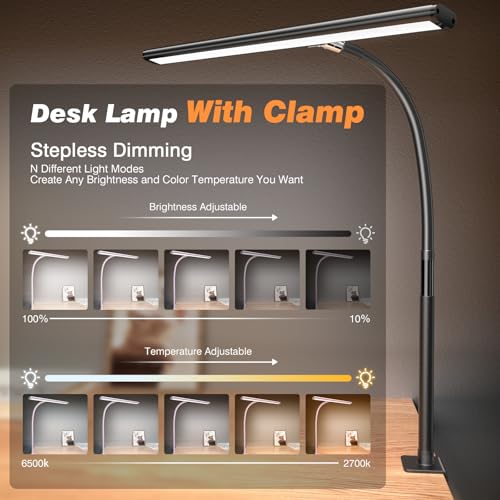 Airlonv Black LED Desk Lamp with Clamp, 17-Inch Stepless Dimming & Flexible Gooseneck