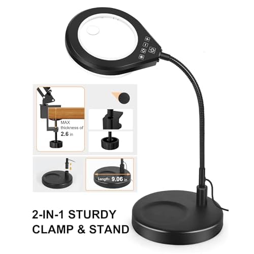 ?Flexible Gooseneck 2-in-1 Magnifying Glass with Light and Stand,10x & 5x Real Glass Lens Magnifying Lamp, 5 Color Stepless Hands-Free LED Desk Lamp with Clamp for Painting, Crafts, Reading (White)