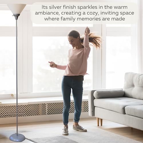LIGHTACCENTS Mary Torchiere Floor Lamp ? Silver Standing Lamp with White Shade and Rotary Switch, Modern Pole Light for Living Room, Bedroom, Office, or Dorm ? Slim Minimalist Design