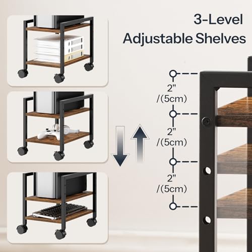 HOOBRO CPU Stand 2-Tier On-Wheels, Height-Adjustable Floor PC Tower Holder in Rustic Brown/Black