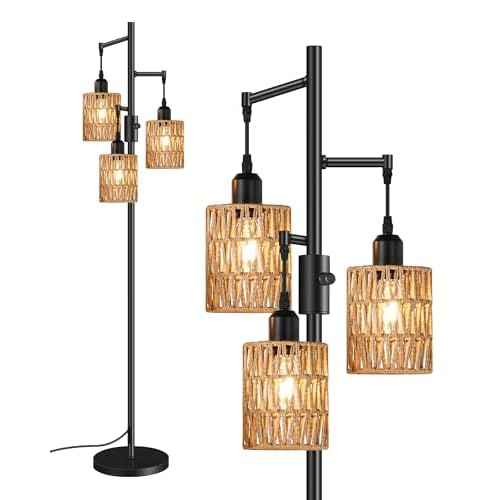 Dimmable Floor Lamp, Farmhouse Tall Standing 70.3" Tree Lamp with 3 Rope Woven Lampshades, Boho Rattan Floor Lights, 4W 3 LED Bulbs Included, for Living Room, Bedroom, Study, Office B03LD05