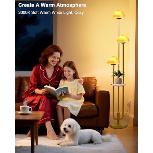 Lightdot Gold Dimmable Floor Lamp with Table, Modern Floor Lamps for Living Room, 3000K Warm Lights Tall Standing Lamp with Mushroom Shades & Bulbs for Bedroom/Office