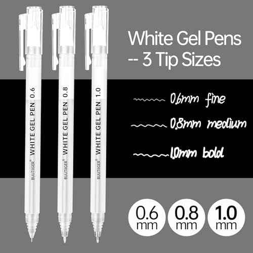 White Gel Pens - 0.6/0.8/1.0mm Fine Point Opaque White Archival Ink Pen Set for Black Paper Art, Bullet Journaling & Holiday Gifts - 9 Pack Multi-Size Gel Pens for Artists, Beginners