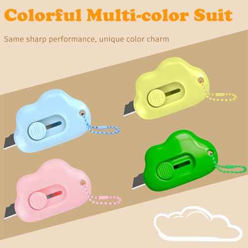 Cloud Retractable Box Cutter 4 Pack - With Key Rings,Safe Auto-Retract Design,Mini Paper Cutter for Box,Packages,Mail,Envelopes,Portable Keychain Letter Opener for Home,Office,Travel