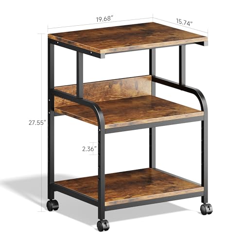 Warmiehomy Printer Stand, 20¡¿16¡¿28'' Printer Table with Wheels, 3 Tier Rolling Cart with Adjustable Storage Shelf, Space Saving 3D Desk for Home Office, Mini Fridge & Heat Press Stand, Rustic Brown