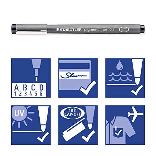 STAEDTLER Pigment Liner Pack, Black, 6 Pens, Assorted Line Widths, 0.05mm, 0.1mm, 0.2mm, 0.3mm, 0.5mm, 0.8mm