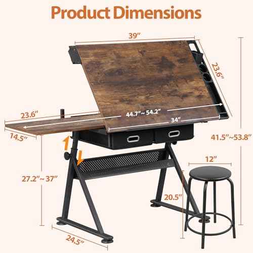 SUPER DEAL Drafting Table Set with Charging Station, Height Adjustable Tilting Drawing Desk Artist Desk with Stool Multifunctional Art Craft Workstation with 2 Storage Drawers for Home Office School