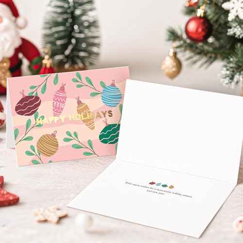 Christmas Cards with Envelopes (Foiled, Red & Green), 24 Gold Foil Holiday Cards Boxed with Non-religious Messages inside, Xmas Card Bulk for Coworkers, Family, Friends, Kids, 6"¡¿4" Folded