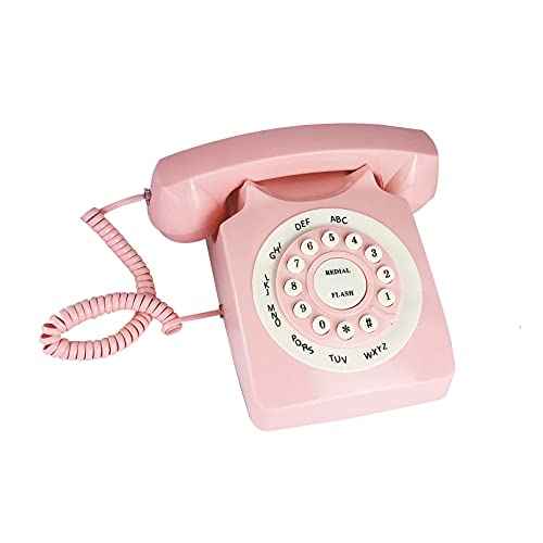Pink Retro Landline Telephone Classic Rotary Design Old Fashioned Corded Desk Phone with Ringer for Home and Office, Basic 80s Phones for Senior People