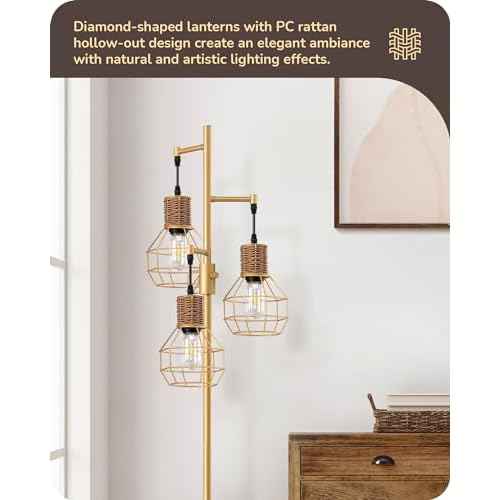EDISHINE Dimmable Farmhouse Floor Lamp for Living Room, Industrial Standing Lamp with 3 LED Edison Bulbs, Corner Rustic Rattan Tall Tree Reading Lamps Home Decor for Bedroom, Office, Gold