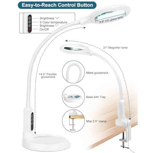 10X Magnifying Glass with Light and Stand, LED 5 Color Modes, Brightness Stepless Dimming Lighted Magnifier Hands Free, Flexible Gooseneck Desk Lamp with Clamp for Close Works, Crafts, Hobby - White