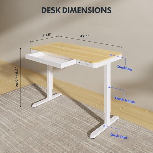 FLEXISPOT Comhar 48-Inch Maple Wood Electric Standing Desk with Drawers, White Frame