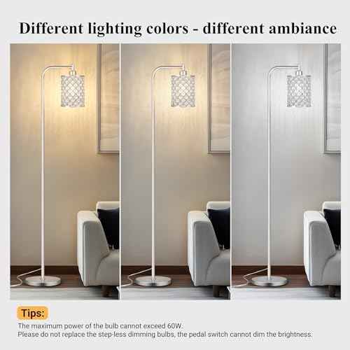 QiMH Industrial Floor Lamp for Living Room, Modern Standing Lamp with Crystal Lampshade Pedal Switch, 67¡± Tall Lamp for Bedroom Study Room, Silver (2700K LED Bulb Included)
