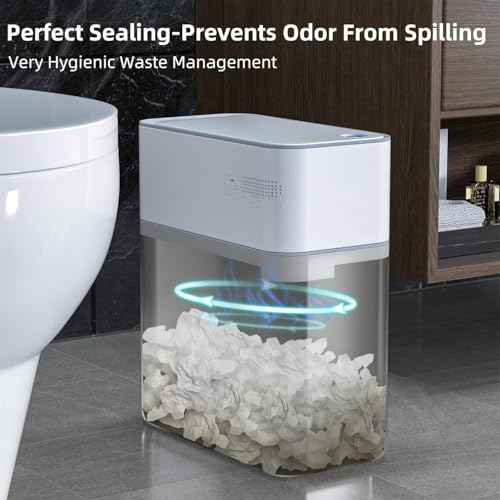 MOPALL Small Bathroom Trash Cans with Lids,Motion Sensor Bathroom Trash Can,Narrow Waterproof Plastic 3.5 Gallon Automatic Adsorption Touchless Garbage Can,White