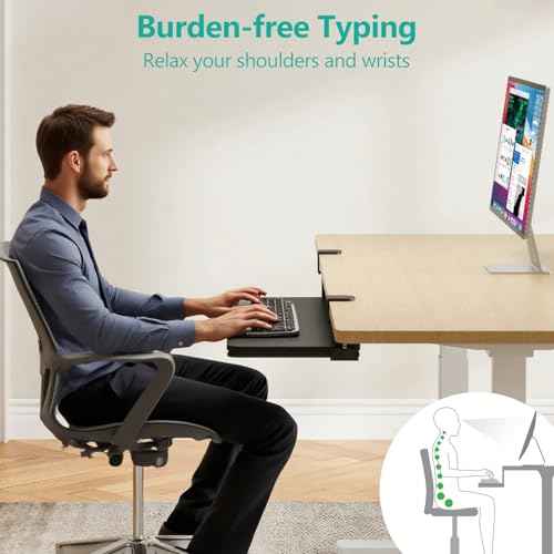 WALI Keyboard Tray Under Desk, Pull-Out Keyboard & Mouse Tray with 45¡Æ Adjustable C-Clamp, Ergonomic Platform Computer Drawer for L Shaped & Flat Desk 26.4" x 11.8" (KBT001-B), Black