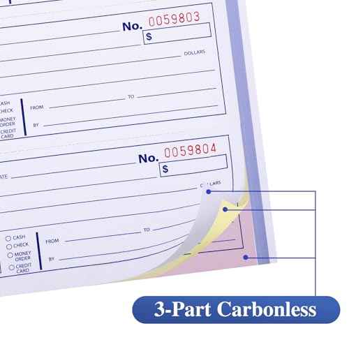 6 Pack Receipt Books,7-5/8" x 10-7/8" Receipt Book with Carbon Copies, 3-Part Carbonless (White,Yellow and Pink),100 Sets Per Book