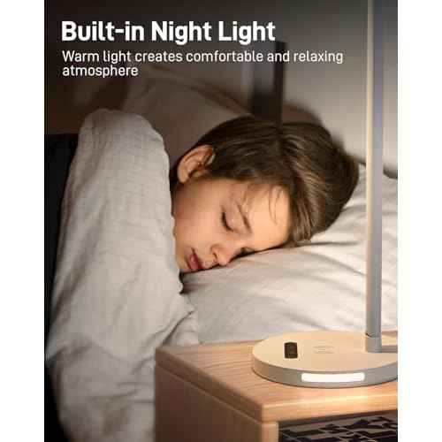 LED Desk Lamp with Wireless Charger, Stepless Dimming Desk Light with 3 Color Modes, Foldable Eye-Caring Study Reading Table Lamp with Night Light for College Dorm Home Office Bedroom Beside(White)