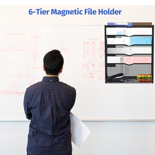 6-Tier Magnetic File Holder, Large Capacity File Cabinet Organizer, No-Drill Mount Hanging Magnetic Paper Holder for File Cabinets, Office, Whiteboard, Magnetic Mail Holder, Black