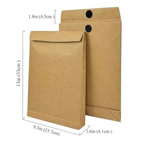 50 Pack Expandable Large Kraft Envelopes, 9.3" x 13" Big Mailing Envelopes Hook-and-Loop Closure Anti Tear Catalog Envelopes for Business Office Paper Documents File Storage - Brown