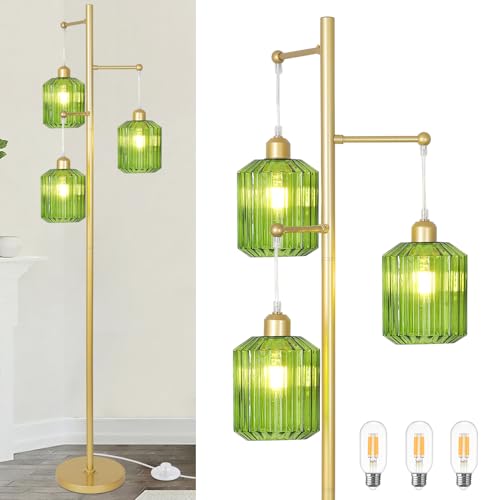 Glass Floor Lamp for Living Room,3-Light Gold Boho Flower Floor Lamp for Bedroom,Farmhouse Standing Lamp Tree Floor Lamps Vintage Retro Brass Tall Lamps for Bedroom,Office,Corner(LED Bulbs Included)