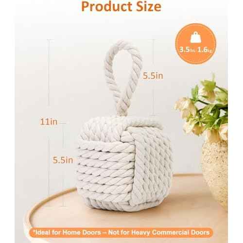 2Pack Decorative Door Stoppers - Cute Rope Knot Design, Heavy Duty Weighted Doorstop with Inside Mount for Home & School, Beige