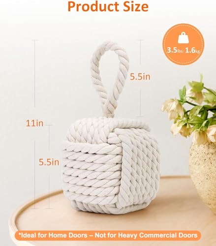 Optish Beige Decorative Door Stopper — 4 lb Weighted Rope Knot, for Standard Interior Doors