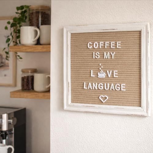 10x10 Cappuccino Felt Letter Board with Stand & Rustic White Frame - Baby Announcement Sign