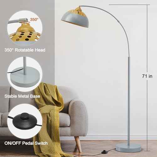 Arc Floor Lamps for Living Room, 71" Standing Lamp with Adjustable Lamp Head, Silver Metal Tall Lamps with Foot Switch, Arched Reading Light for Bedroom, Office, 9W 3 Color Temperatures Bulb Included