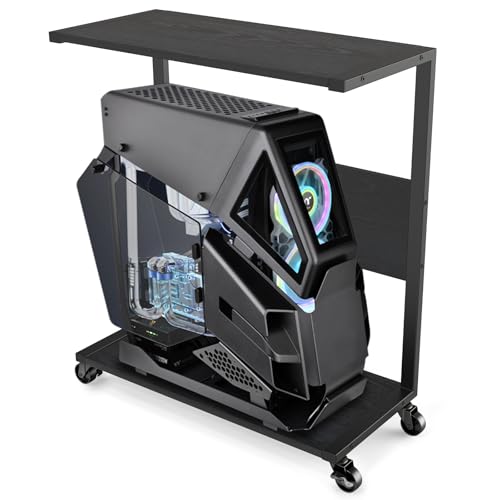 Computer Tower Stand, C-Shape Large PC Stand Gaming Computer ATX-Case Storage, 2-Tier Mobile CPU Holder Cart Laptop Standing Table with Rolling Wheels for Home, Office, Black