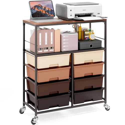 APEXCHASER Rolling Storage Cart with 8 Drawers, Brown Wooden Top