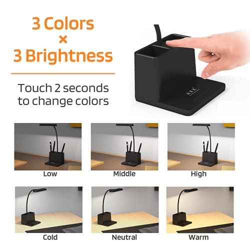 AXX Black LED Desk Lamp for Home Office Bedroom, Battery Operated Table Light for Computer Desktop, Small, Cute, Dimmable, Rechargeable, Flexible Gooseneck, Pen Holder, Phone Mount, Touch Control