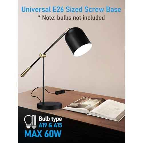TORCHSTAR Adjustable Desk Lamp Aesthetic, AC 110-120V, Swing Arm Task Desk Lamp, Max 60W, E26 Base, Bulb Not Included, Metal Decor Desktop Lamp with On/Off Switch, for Work, Study, Home Office, Black