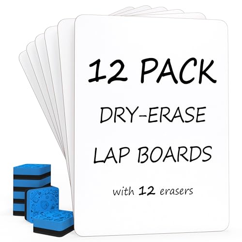 Set of 12 Small White Board Dry Erase Boards Classroom Pack Mini White Boards 9"x12¡± Double Sided Personal Whiteboards for Students Teachers School Supplies Lapboards l 12 Mini Whiteboard Erasers Incl